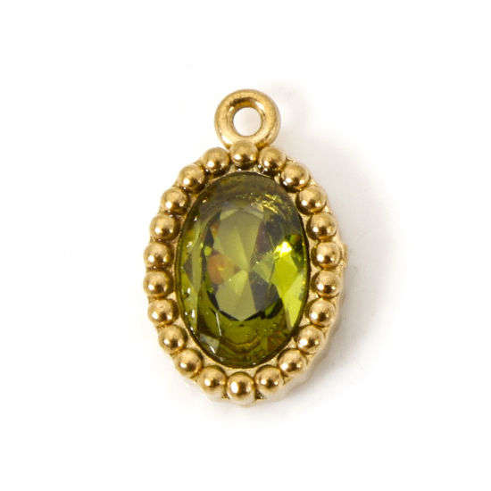 Picture of 5 PCs Eco-friendly Vacuum Plating 304 Stainless Steel Mini Charms 18K Real Gold Plated Oval Olive Green Rhinestone 10mm x 6.5mm