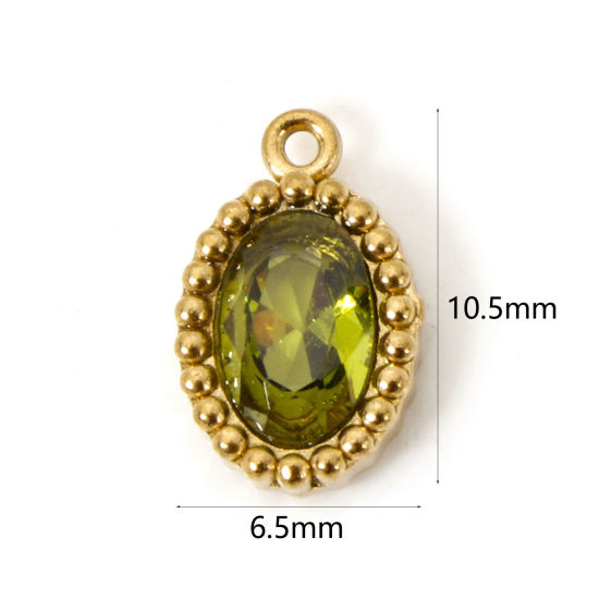 Picture of 5 PCs Eco-friendly Vacuum Plating 304 Stainless Steel Mini Charms 18K Real Gold Plated Oval Olive Green Rhinestone 10mm x 6.5mm