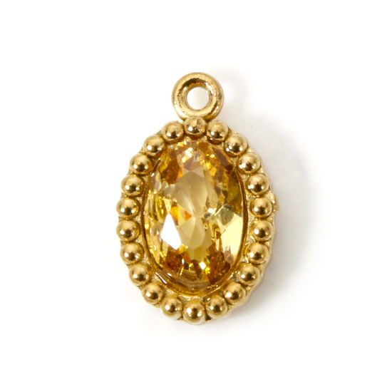 Picture of 5 PCs Eco-friendly Vacuum Plating 304 Stainless Steel Mini Charms 18K Real Gold Plated Oval Yellow Rhinestone 10mm x 6.5mm