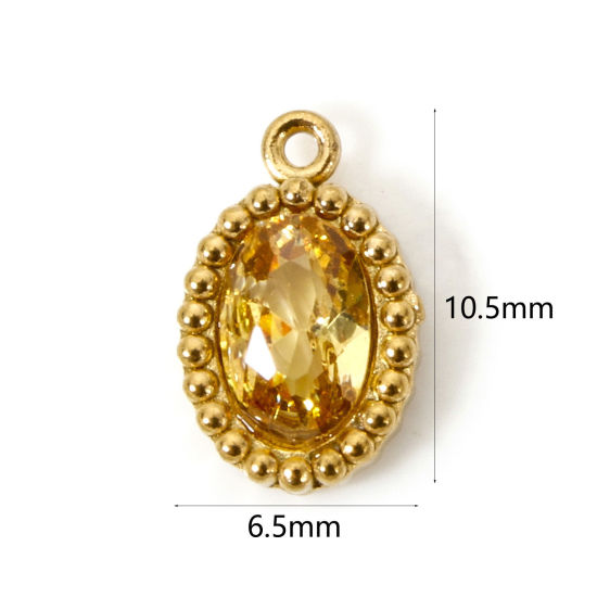 Picture of 5 PCs Eco-friendly Vacuum Plating 304 Stainless Steel Mini Charms 18K Real Gold Plated Oval Yellow Rhinestone 10mm x 6.5mm