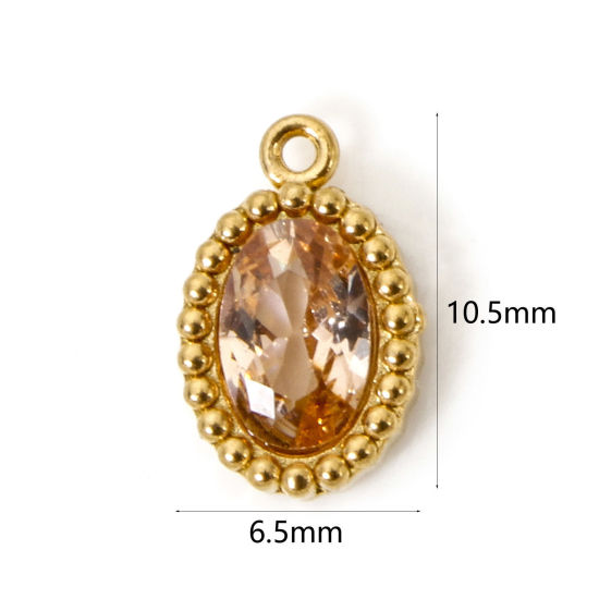 Picture of 5 PCs Eco-friendly Vacuum Plating 304 Stainless Steel Mini Charms 18K Real Gold Plated Oval Champagne Rhinestone 10mm x 6.5mm