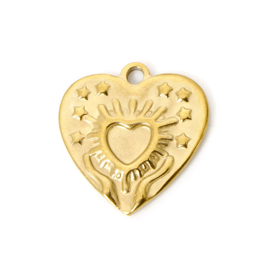 Picture of 2 PCs Eco-friendly Vacuum Plating 304 Stainless Steel Valentine's Day Charms 18K Real Gold Plated Heart Hand 18mm x 17mm