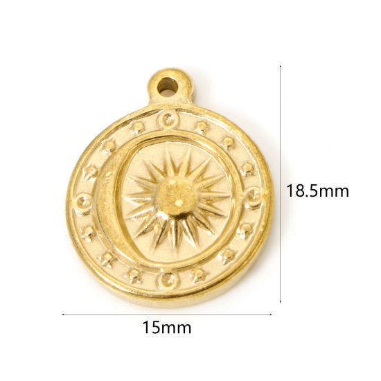 Picture of 2 PCs Eco-friendly Vacuum Plating 304 Stainless Steel Galaxy Charms 18K Real Gold Plated Round Sun 18.5mm x 15mm