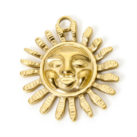 Picture of 2 PCs Eco-friendly Vacuum Plating 304 Stainless Steel Galaxy Pendants 18K Real Gold Plated Sun Face 3.3cm x 3cm