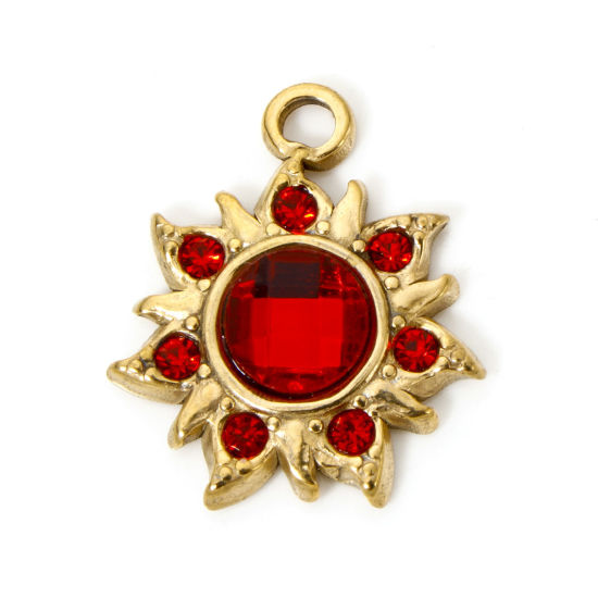 Bild von 2 Stück Umweltfreundliche Vakuumbeschichtung 304 Edelstahl Flora Kollektion Charms Blumen 18K Echtgold plattiert Rot Strass 24mm x 20.5mm