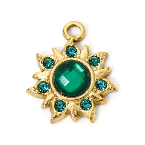 Bild von 2 Stück Umweltfreundliche Vakuumbeschichtung 304 Edelstahl Flora Kollektion Charms Blumen 18K Echtgold plattiert Grün Strass 24mm x 20.5mm