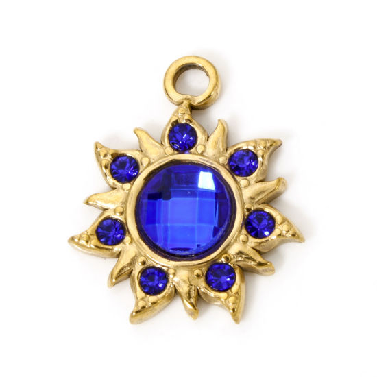 Bild von 2 Stück Umweltfreundliche Vakuumbeschichtung 304 Edelstahl Flora Kollektion Charms Blumen 18K Echtgold plattiert Saphirblau Strass 24mm x 20.5mm