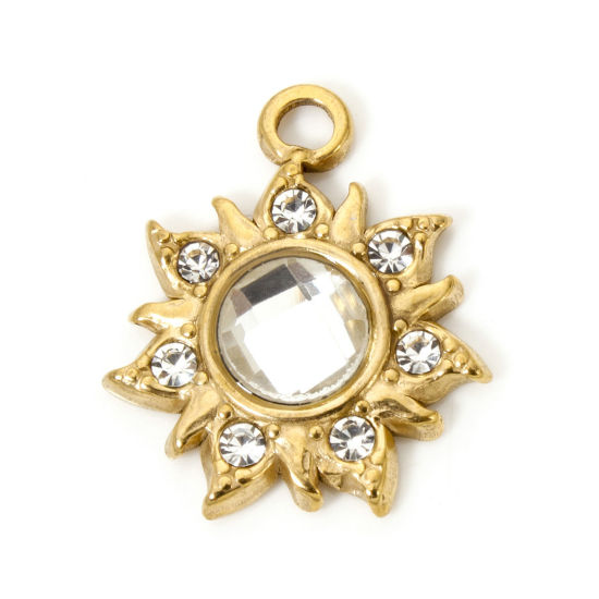 Bild von 2 Stück Umweltfreundliche Vakuumbeschichtung 304 Edelstahl Flora Kollektion Charms Blumen 18K Echtgold plattiert Transparent Strass 24mm x 20.5mm