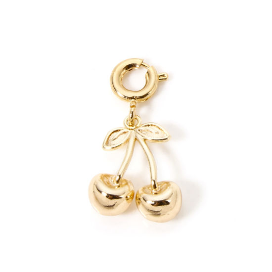 Picture of 1 Piece Eco-friendly Brass Charms 18K Real Gold Plated Cherry Fruit With Spring Ring Clasp 3D 22mm x 12mm