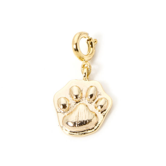 Picture of 1 Piece Eco-friendly Brass Pet Memorial Charms 18K Real Gold Plated Dog's Paw With Spring Ring Clasp 22mm x 12mm