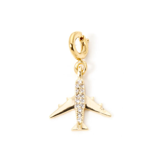 Picture of 1 Piece Eco-friendly Brass Travel Charms 18K Real Gold Plated Airplane With Spring Ring Clasp Clear Cubic Zirconia 22mm x 13mm