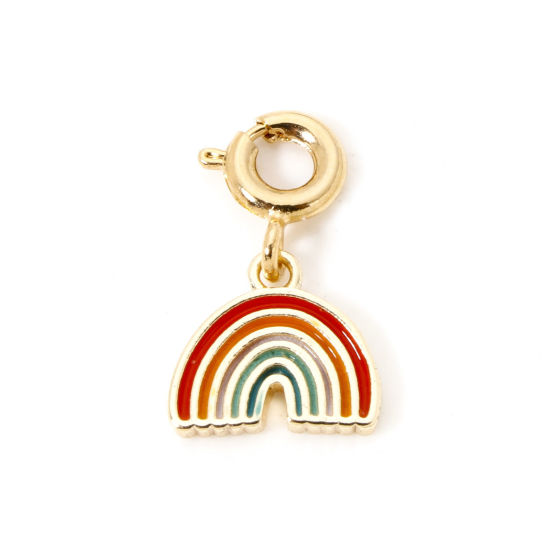 Picture of 1 Piece Eco-friendly Brass Weather Collection Charms 18K Real Gold Plated Multicolor Rainbow With Spring Ring Clasp Enamel 17mm x 10mm