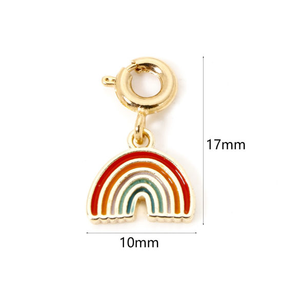 Picture of 1 Piece Eco-friendly Brass Weather Collection Charms 18K Real Gold Plated Multicolor Rainbow With Spring Ring Clasp Enamel 17mm x 10mm