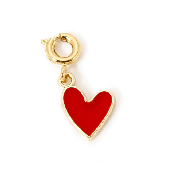 Picture of 1 Piece Eco-friendly Brass Valentine's Day Charms 18K Real Gold Plated Red Heart With Spring Ring Clasp Enamel 19mm x 10mm