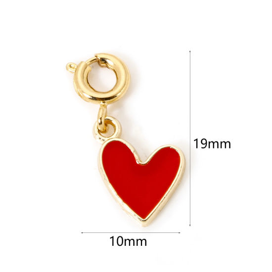 Picture of 1 Piece Eco-friendly Brass Valentine's Day Charms 18K Real Gold Plated Red Heart With Spring Ring Clasp Enamel 19mm x 10mm