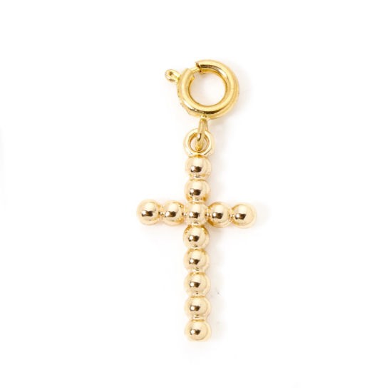 Picture of 1 Piece Eco-friendly Brass Religious Charms 18K Real Gold Plated Cross With Spring Ring Clasp 28mm x 11mm