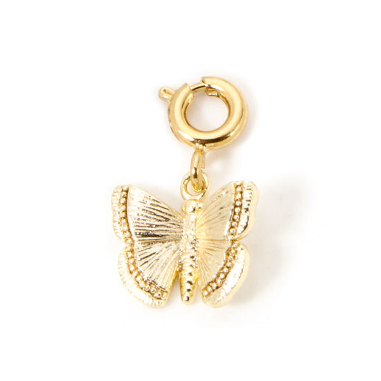 Picture of 1 Piece Eco-friendly Brass Charms 18K Real Gold Plated Butterfly Animal With Spring Ring Clasp 3D 18mm x 12mm