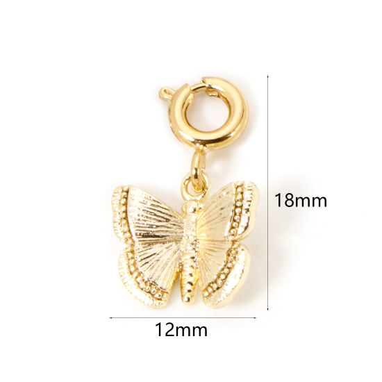 Picture of 1 Piece Eco-friendly Brass Charms 18K Real Gold Plated Butterfly Animal With Spring Ring Clasp 3D 18mm x 12mm