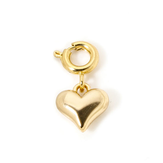 Picture of 1 Piece Eco-friendly Brass Valentine's Day Charms 18K Real Gold Plated Heart With Spring Ring Clasp 16mm x 8mm