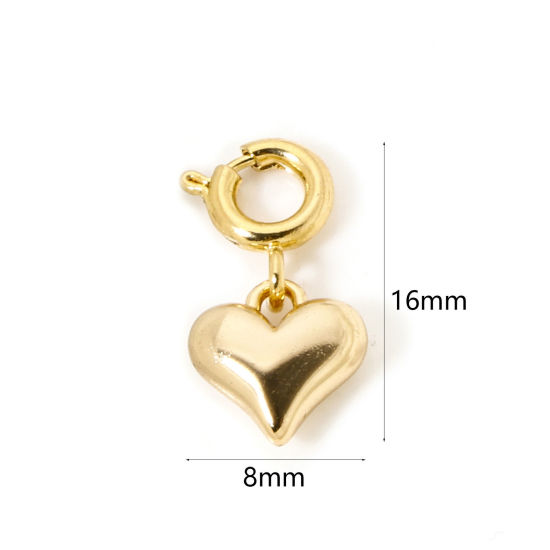 Picture of 1 Piece Eco-friendly Brass Valentine's Day Charms 18K Real Gold Plated Heart With Spring Ring Clasp 16mm x 8mm