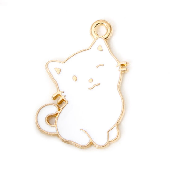 Image de 50 PCs Zinc Based Alloy Charms Gold Plated White Cat Animal Enamel 22mm x 14mm