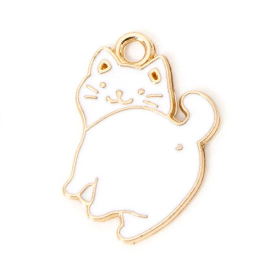 Image de 50 PCs Zinc Based Alloy Charms Gold Plated White Cat Animal Enamel 17mm x 16mm