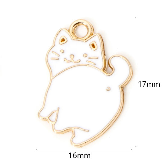 Image de 50 PCs Zinc Based Alloy Charms Gold Plated White Cat Animal Enamel 17mm x 16mm