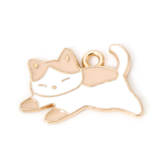 Image de 50 PCs Zinc Based Alloy Charms Gold Plated White Cat Animal Enamel 20mm x 13mm