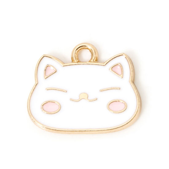 Image de 50 PCs Zinc Based Alloy Charms Gold Plated White Cat Animal Enamel 17mm x 13.5mm