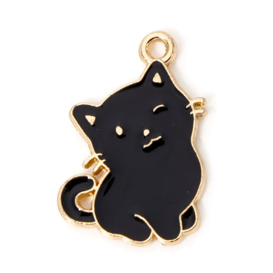 Image de 50 PCs Zinc Based Alloy Charms Gold Plated Black Cat Animal Enamel 22mm x 14mm