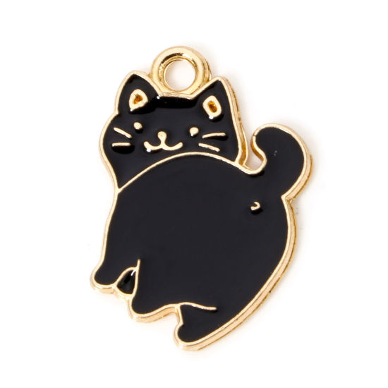 Image de 50 PCs Zinc Based Alloy Charms Gold Plated Black Cat Animal Enamel 17mm x 16mm