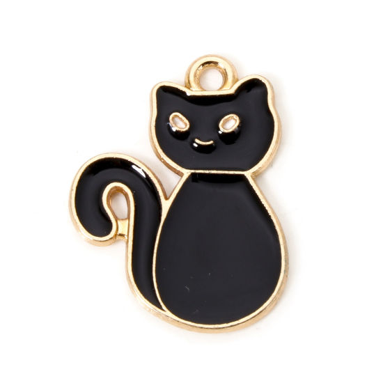 Image de 50 PCs Zinc Based Alloy Charms Gold Plated Black Cat Animal Enamel 23mm x 17mm