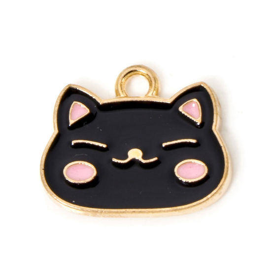 Image de 50 PCs Zinc Based Alloy Charms Gold Plated Black Cat Animal Enamel 17mm x 13.5mm