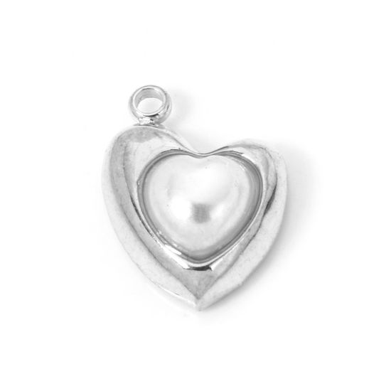 Picture of 2 PCs Eco-friendly 304 Stainless Steel Charms Silver Tone Heart Acrylic Imitation Pearl 14mm x 10.5mm