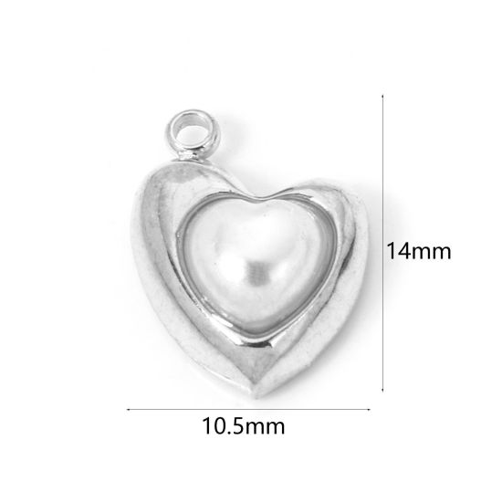 Picture of 2 PCs Eco-friendly 304 Stainless Steel Charms Silver Tone Heart Acrylic Imitation Pearl 14mm x 10.5mm