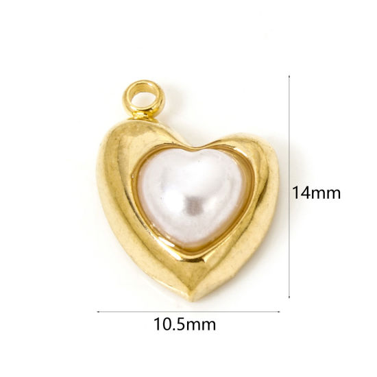 Picture of 2 PCs Eco-friendly 304 Stainless Steel Charms 18K Gold Plated Heart Acrylic Imitation Pearl 14mm x 10.5mm