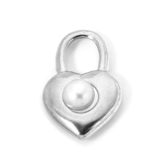 Picture of 2 PCs Eco-friendly 304 Stainless Steel Charms Silver Tone Lock Acrylic Imitation Pearl 19mm x 12mm