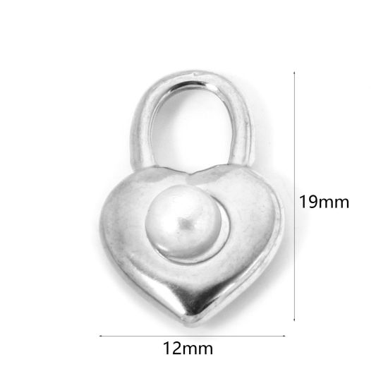 Picture of 2 PCs Eco-friendly 304 Stainless Steel Charms Silver Tone Lock Acrylic Imitation Pearl 19mm x 12mm