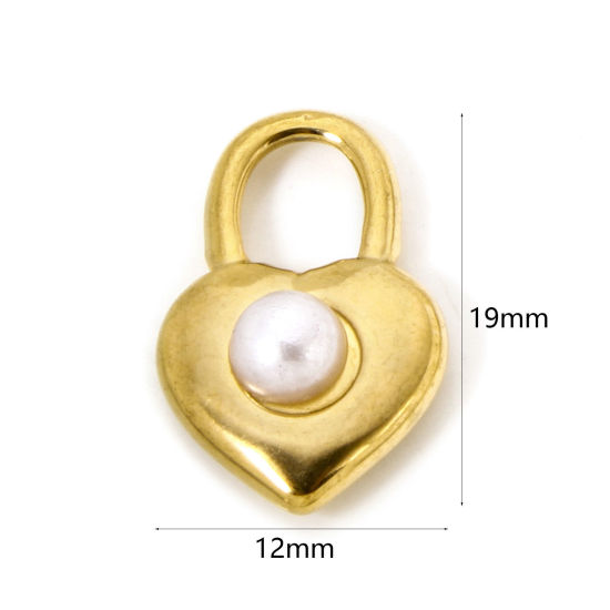 Picture of 2 PCs Eco-friendly 304 Stainless Steel Charms 18K Gold Plated Lock Acrylic Imitation Pearl 19mm x 12mm