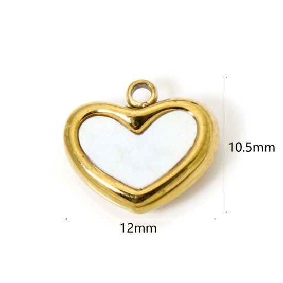 Picture of 2 PCs Eco-friendly 304 Stainless Steel & Natural Shell Valentine's Day Charms 18K Gold Plated Heart 12mm x 10.5mm