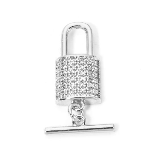 Picture of 1 Set Brass Toggle Clasps Lock Platinum Plated Micro Pave Clear Cubic Zirconia 21x10mm 14.5x4mm