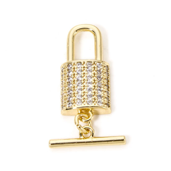 Picture of 1 Set Brass Toggle Clasps Lock 18K Gold Plated Micro Pave Clear Cubic Zirconia 21x10mm 14.5x4mm