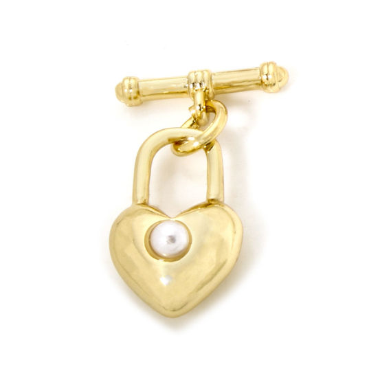 Picture of 2 Sets Brass Toggle Clasps Heart Lock 18K Gold Plated Acrylic Imitation Pearl 13mm x 9mm