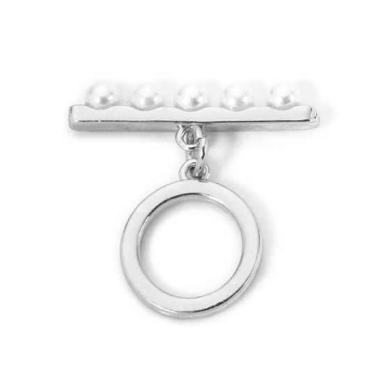 Picture of 2 Sets Brass Toggle Clasps Round Disc Real Platinum Plated Acrylic Imitation Pearl 22x6mm 14.5x12mm