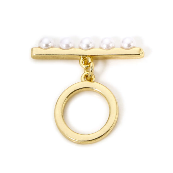 Picture of 2 Sets Brass Toggle Clasps Round Disc 18K Real Gold Plated Acrylic Imitation Pearl 22x6mm 14.5x12mm