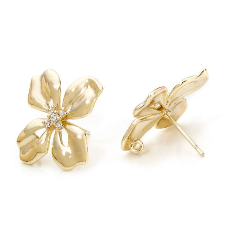 Image de 2 Pcs Boucles d'Oreilles Puces Respectueux de la Nature en Laiton Plaqué Or Véritable 18K Fleur à Zirconia Cubique Clair avec Boucle 23.5mm x 23mm, Epaisseur de Fil: 0.7mm(taille 21)