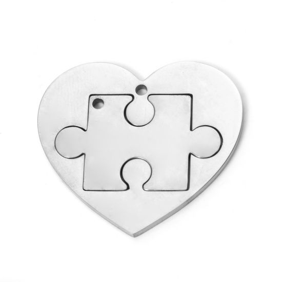 Picture of 1 Set ( 2 PCs/Set) 304 Stainless Steel Charms Silver Tone Heart Jigsaw 28mm x 25mm