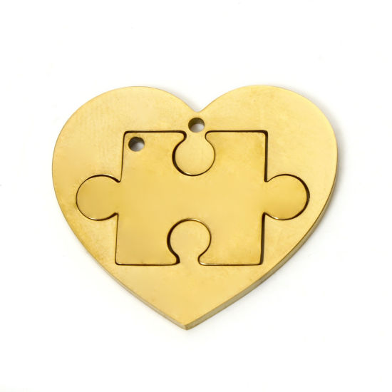 Picture of 1 Set ( 2 PCs/Set) Eco-friendly PVD Vacuum Plating 304 Stainless Steel Charms 18K Gold Plated Heart Jigsaw 28mm x 25mm