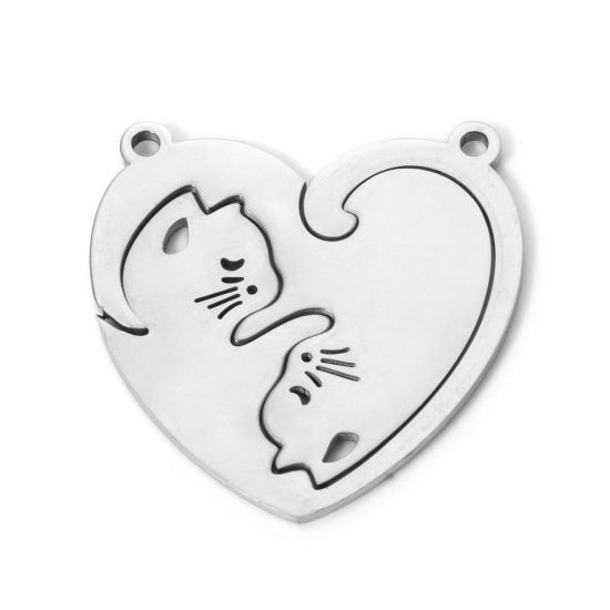 Picture of 1 Set ( 2 PCs/Set) 304 Stainless Steel Pendants Silver Tone Heart Cat 3cm x 3cm