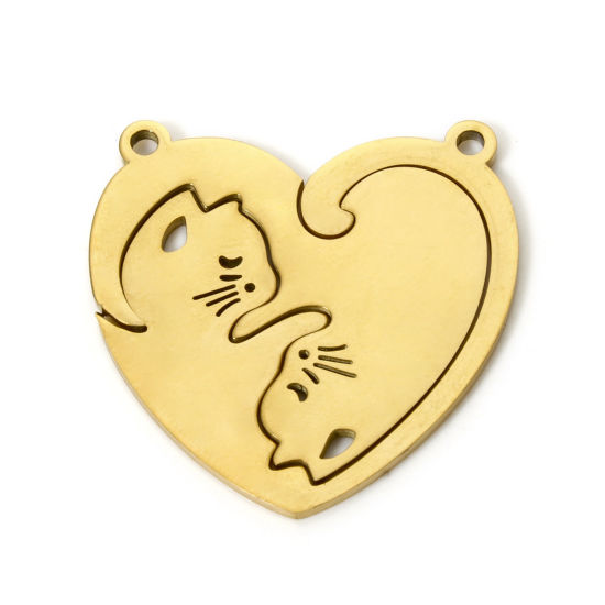 Picture of 1 Set ( 2 PCs/Set) Eco-friendly PVD Vacuum Plating 304 Stainless Steel Pendants 18K Gold Plated Heart Cat 3cm x 3cm